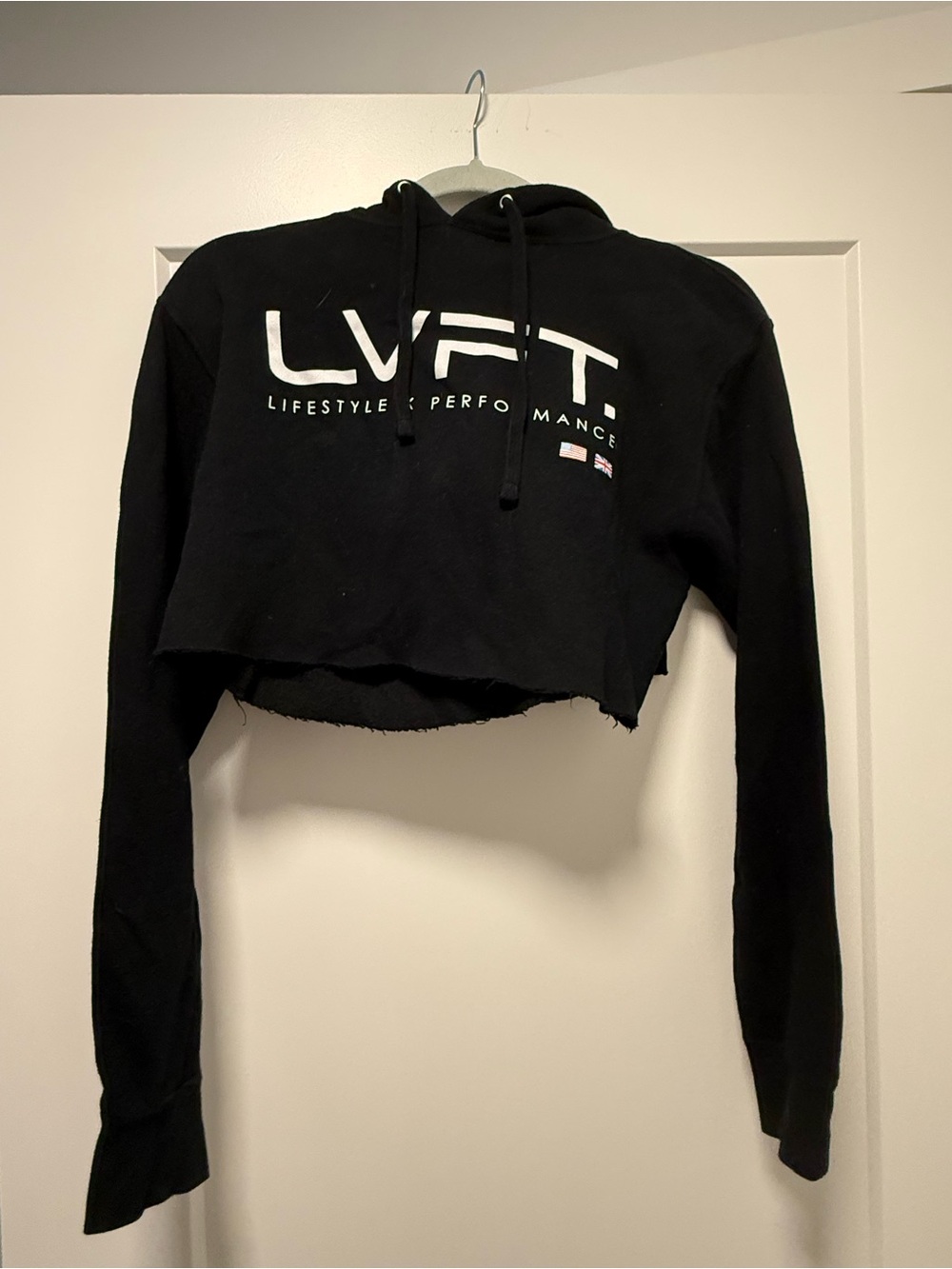Zara Black Cropped Hoodie with White LVFT. Logo